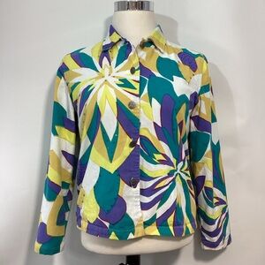 Vintage Vibrant Women's Floral Button Down Shirt Jacket 100% Cotton Size L